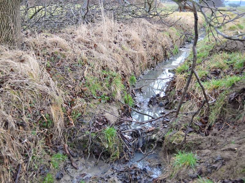 Pramen potoka v Morašicích kalí špinavá voda.