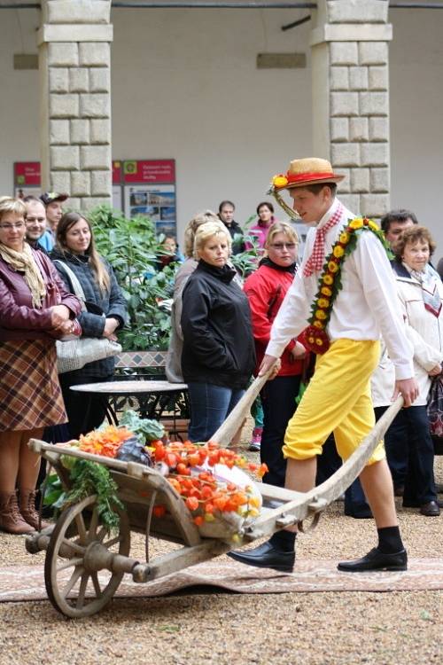 SVATBA V KROJI I V BÍLÉM.  Studenti zahradnické školy předvedli na květinové show nejdříve staročeskou svatbu a poté publikum na zámeckém nádvoří zhlédlo přehlídku současných svatebních  šatů a kytic. 