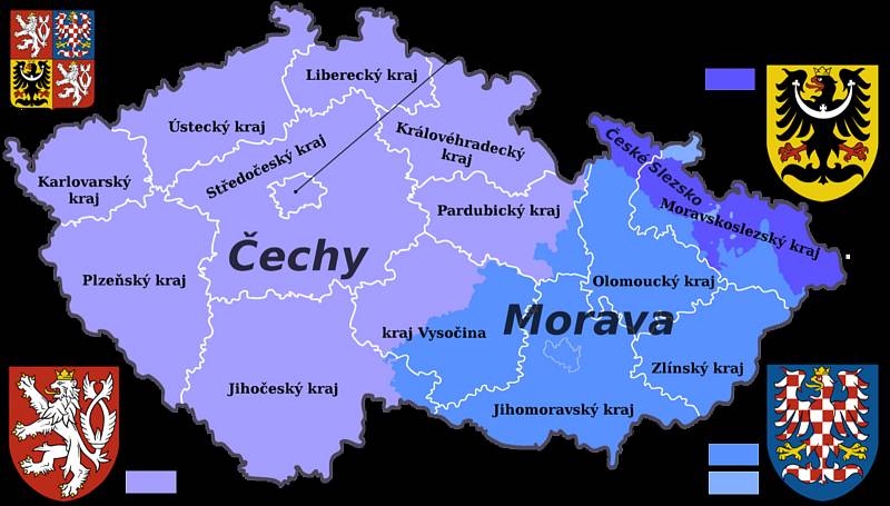 Mapa České republiky s vyznačenými hranicemi dnešních krajů a historických zemí.