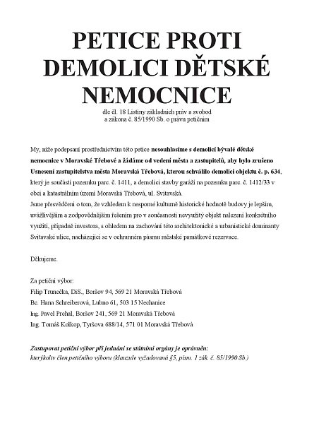 Petice proti demolice dětské nemocnice.