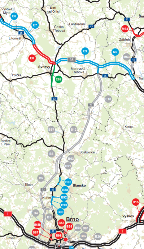 Trasa plánované I/73 z Brna k dálnici D35 u Moravské Třebové