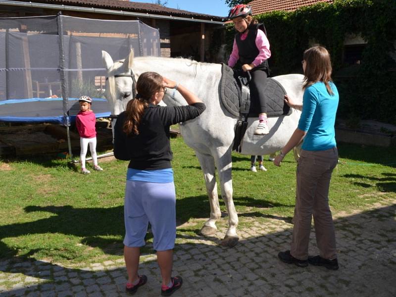 Každý den v tomto týdnu přijíždějí děti na farmu v Janově. Organizátoři tábora pro ně připravili bohatý program. Kromě her a výletů baví kluky a holky nejvíce ježdění na koních a péče o ně. 