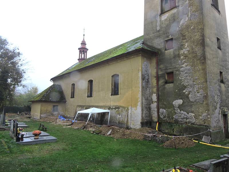 Archeologický výzkum při odvlhčení kostela v Karli