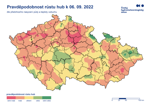 Mapa vyjadřuje vhodnost vláhových podmínek pro růst hub. Základem výpočtu je informace o nasycení půdy srážkami v předchozích 30 dnech (index API30) v kombinaci s průměrnými teplotami posledních 7 dní.