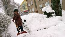 Věra Pavlišová odklízí sníh před bytovým domem. Úklidovou službu má jednou za tři měsíce.