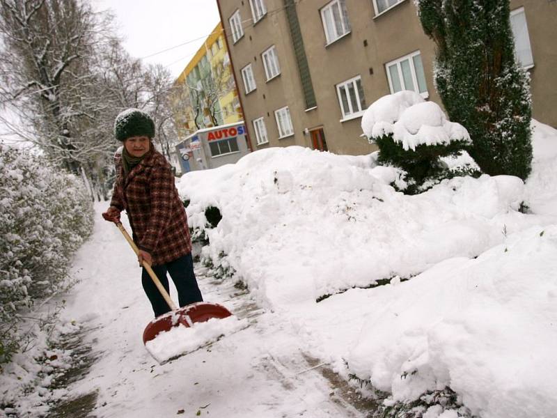 Věra Pavlišová odklízí sníh před bytovým domem. Úklidovou službu má jednou za tři měsíce.