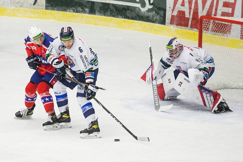 Hokejové utkání Chance ligy mezi SK Horácká Slavia Třebíč a HC Benátky nad Jizerou.