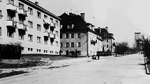 Snímek z roku 1959 nově postavených činžovních domů v Dražické ulici před parkovou úpravou.