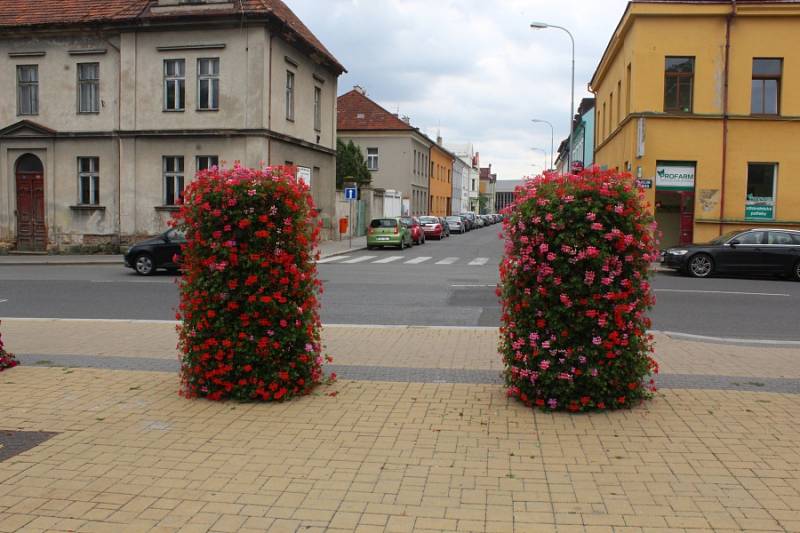 Květinové sloupy v ulicích Mladé Boleslavi.