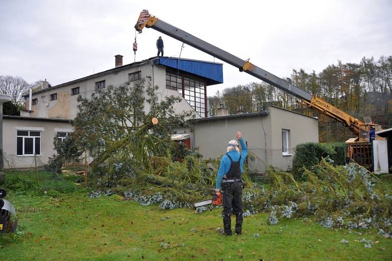 Následky vichřice Herwart, které se dotkly i areálu fotbalového stadionu v Mnichově Hradišti, odstraňuje místní firma Těžex. 