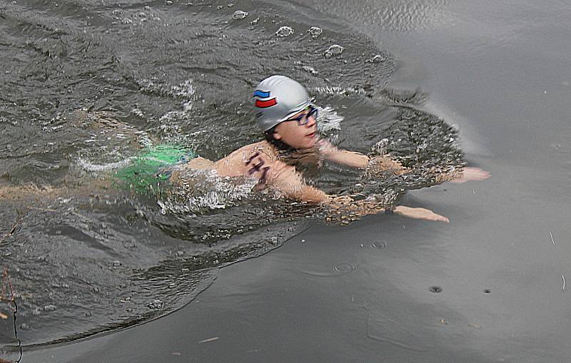 Ze třetího ročníku soutěže zimních plavců na řece Jizeře u Krásné louky v Mladé Boleslavi.