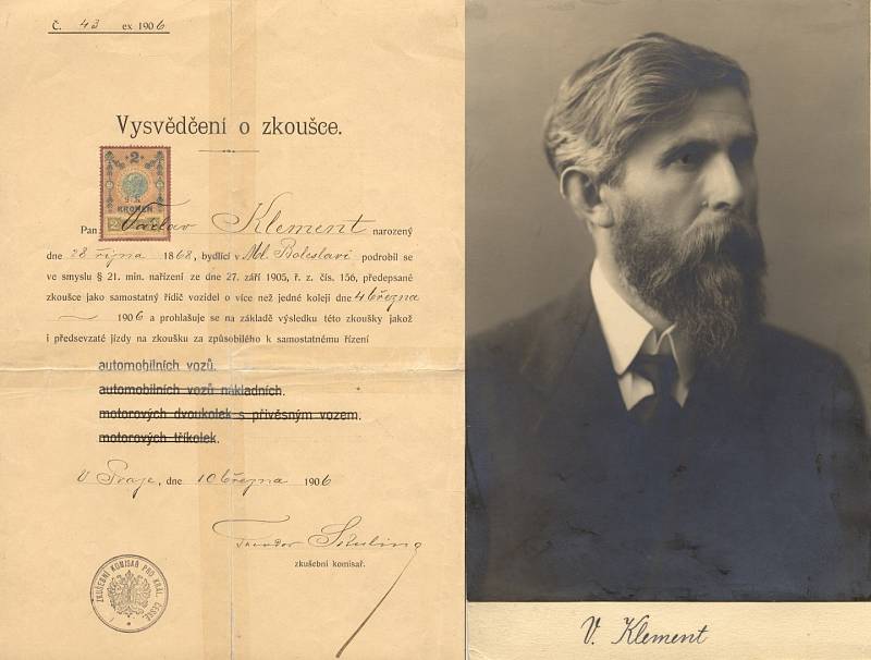 Řidičské oprávnění Václava Klementa z roku 1906.
