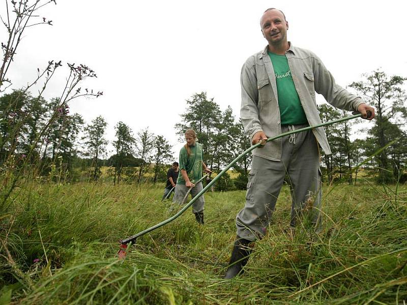 Devět dobrovolníků z řad ochránců přírody v pondělí časně ráno začalo kosit chráněná podmáčená luka se vzácnými orchidejemi poblíž Zašovic na Třebíčsku.