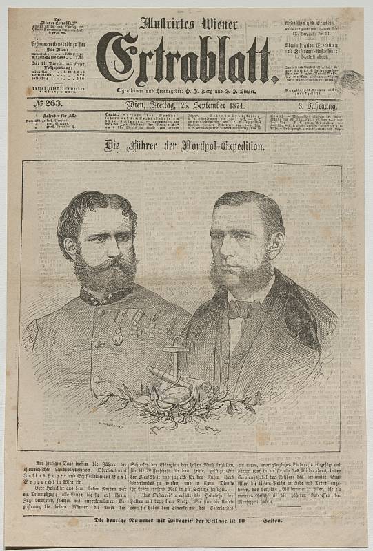 Julius Payer a kapitán lodi Viceadmiral Tegetthoff Karl Weyprecht na titulní straně Illustrirtes Wiener Extrablatt, 25. září 1874