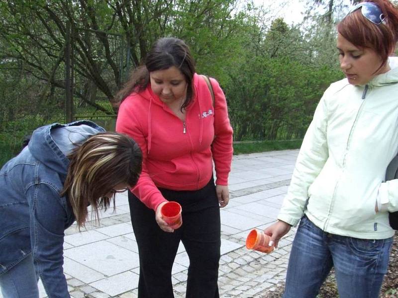 Na červeno. Studenti včera v třebíčských ulicích obarvili psí výkaly výraznými barvami.