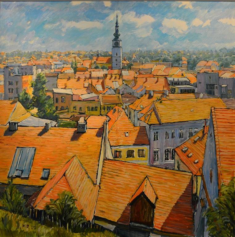 Mirek Řídký: Třebíč, pohled z Hrádku I, olejomalba, 2005.