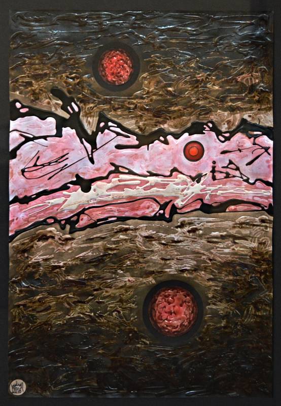 Milan Nestrojil: Krajina se dvěma planetami, kombinovaná technika, 29,5 x 21 cm, 2016.