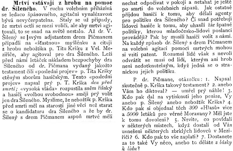 Nechutná polemika o tom, zda Titus Krška opravdu chtěl podpořit poslance Václava Šíleného. Noviny Stráž 16. listopadu 1900