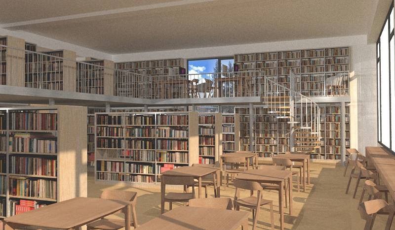 Projekt nové knihovny v Modřínové ulici v Třebíči. Může ještě dojít k drobným změnám, nicméně takto by měla opravená budova z větší části vypadat.
