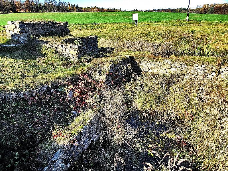 Pozůstatky zaniklé osady a tvrze Mstěnice. V pozadí vodní páry z chladících věží JE Dukovany, foto Ludvík Havlát