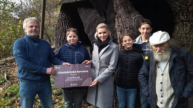 Z předávání šeku od zástupců Chudobínské borovice zástupcům Žižkova dubu, čtvrtek 31. října 2019.