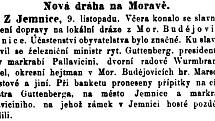 Lidové noviny z 10. listopadu 1896 o nové dráze Jemnice-Moravské Budějovice.