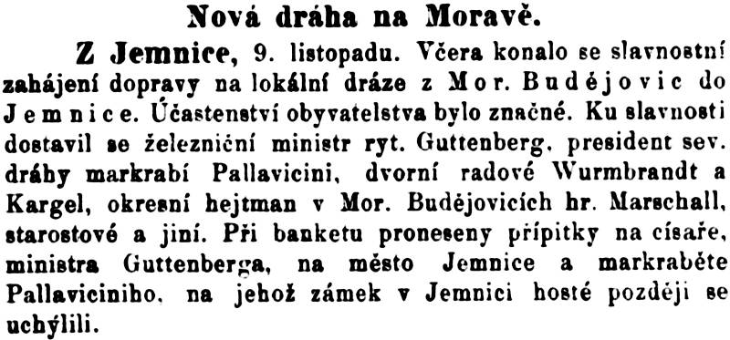 Lidové noviny z 10. listopadu 1896 o nové dráze Jemnice-Moravské Budějovice.