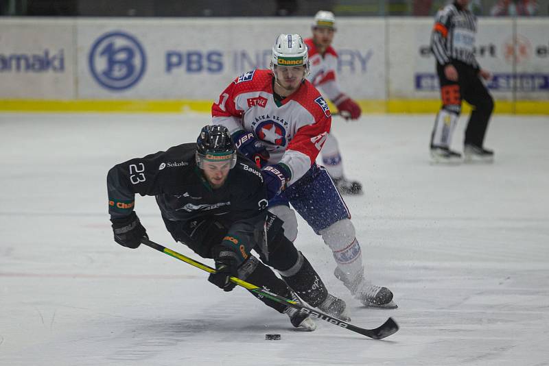 Hokejové utkání mezi SK Horácká Slavia Třebíč a HC Baník Sokolov.