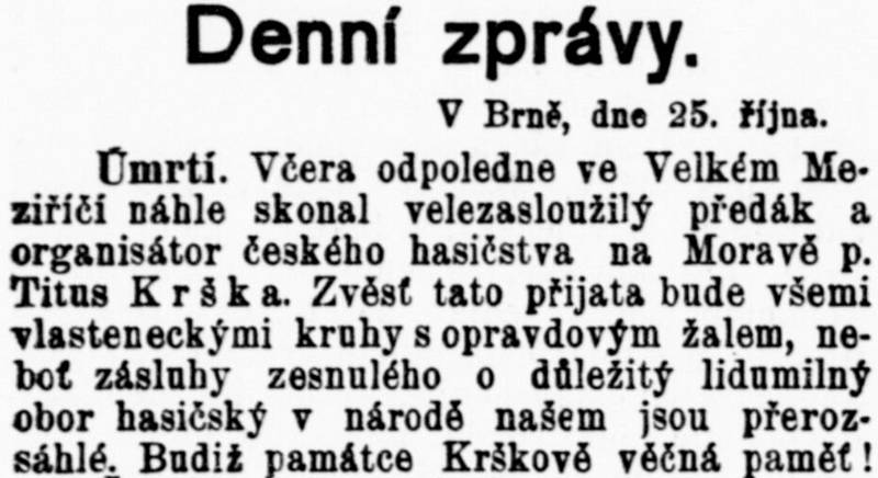 Článek o Krškově smrti z Moravské orlice 26. října 1900. Krška ale neskonal 25. října, jak vyplývá z článku, nýbrž o den dříve.