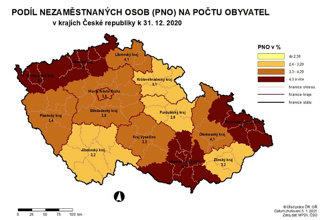 Podíl nezaměstnaných osob na počtu obyvatel.