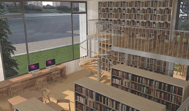 Projekt nové knihovny v Modřínové ulici v Třebíči. Může ještě dojít k drobným změnám, nicméně takto by měla opravená budova z větší části vypadat.