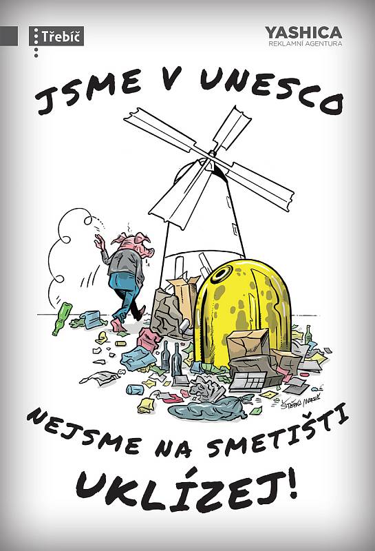Netradiční kampaň v Třebíči připravil komiksový kreslíř Štěpán Mareš. Obrázky jsou většinou stejné, mění se jen pozadí. To zobrazuje třebíčské památky