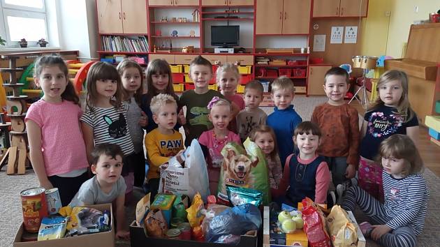 Mateřská škola Benešova Třebíč přispěla společně s dětmi a jejich rodiči opuštěným zvířátkům v třebíčském útulku formou různých granulí, konzerv a dalších pamlsků.