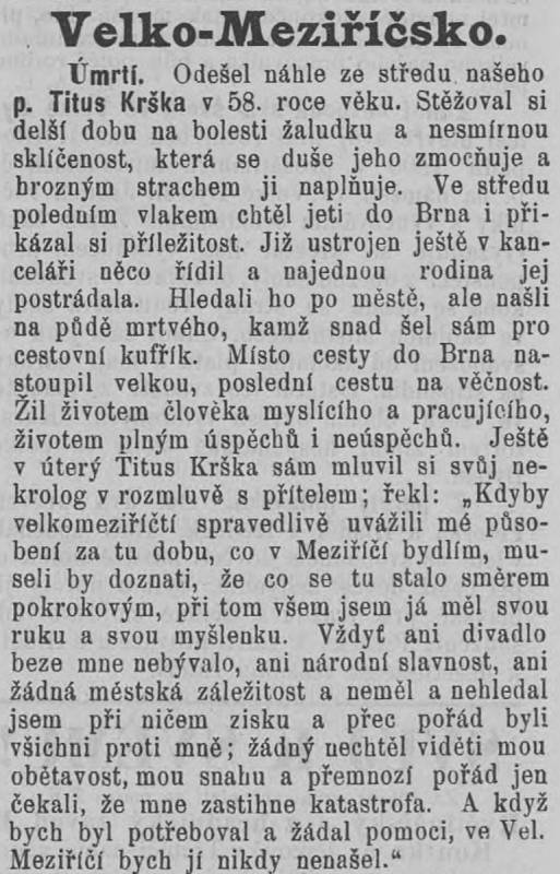 Výňatek ze vzpomínkového článku Aloise Pičmana, v němž popisuje události kolem Krškovy smrti. Hlasy ze západní Moravy, 26. října 1900