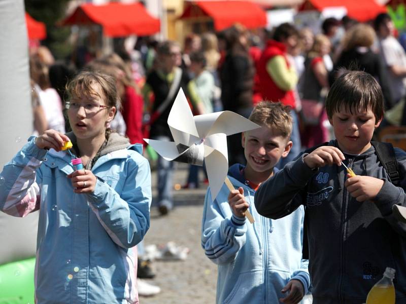 Při oslavách Dne Země byly na Karlově náměstí v Třebíči k vidění prezentace škol a organizací zabývajících se ekoligií.