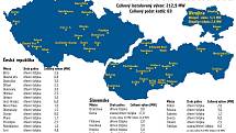 Mapa České republiky, Slovenska a Ukrajiny s výčtem měst, kde jsou nainstalovány kotle na biomasu, které Horký vyráběl.