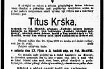 Úmrtní oznámení, které Krškovi věnoval jeho přítel Hynek Světlík. Na parte je chyba v Krškově věku, ve skutečnosti mu bylo necelých 59 let. Lidové noviny 26. října 1900