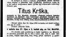 Úmrtní oznámení, které Krškovi věnoval jeho přítel Hynek Světlík. Na parte je chyba v Krškově věku, ve skutečnosti mu bylo necelých 59 let. Lidové noviny 26. října 1900