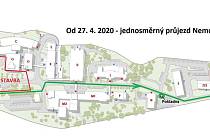 Plánek  ukazuje, jak se změní průjezd Nemocnicí Třebíč.