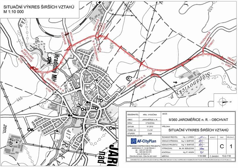 Plánovaná trasa obchvatu Jaroměřic nad Rokytnou. 