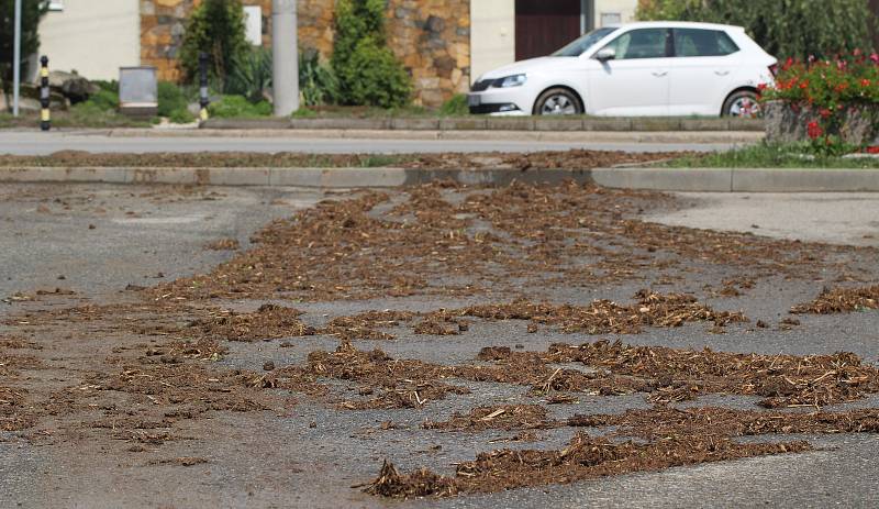 Přívaly vody a bahna z polí zaplavily Slavětice. V nové požární nádrži na návsi je teď místo dvou metrů vody dva metry bláta.