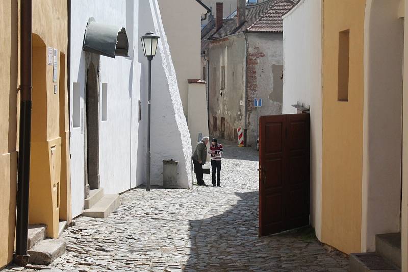 Popelnice v ulicích Zámostí v Třebíči. Duben 2019. Od května do září tam nebudou smět být. Jen při svozu odpadu.