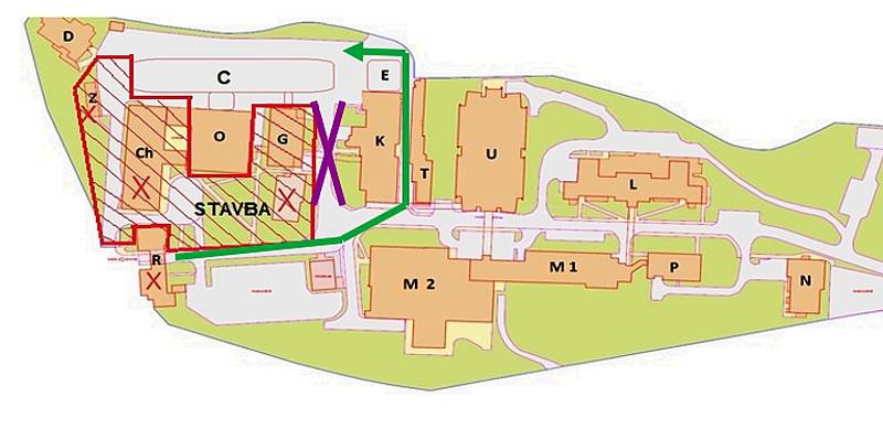 Mapka uzavírky v Nemocnici Třebíč.