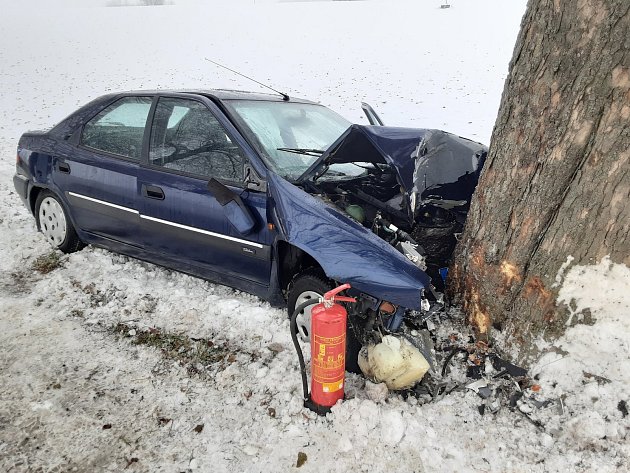 Nehoda u Polničky: osobní auto narazilo do stromu, řidič se zranil