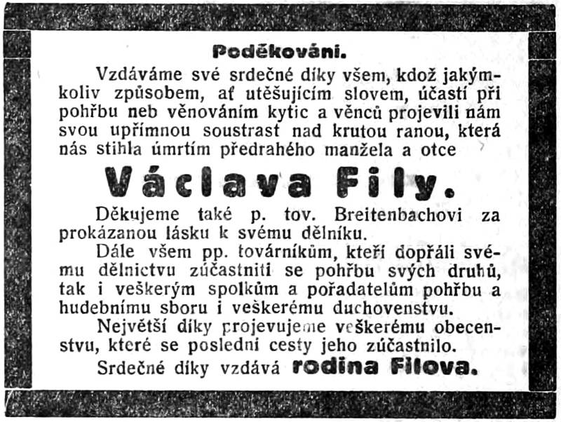 Poděkování pozůstalých po Václavu Filovi za účast obyvatel Velkého Meziříčí na jeho pohřbu. Velkomeziříčsko 10. února 1923.