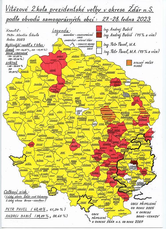 Výsledky druhého kola prezidentských voleb v roce 2023 v okrese Žďár nad Sázavou.