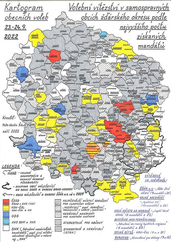 Kartogram výsledků obecních voleb na Žďársku v roce 2022.