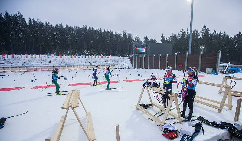 České biatlonistky na tréninku 18. prosince 2018 v Novém Městě na Moravě před závody Světového poháru.