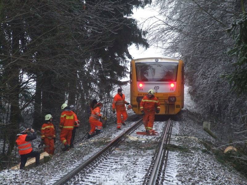 Technici museli odstraňovat strom spadlý na železniční trať mezi Novým Městem a Žďárem nad Sázavou. Dřevina zablokovala pravidelný vlakový spoj.