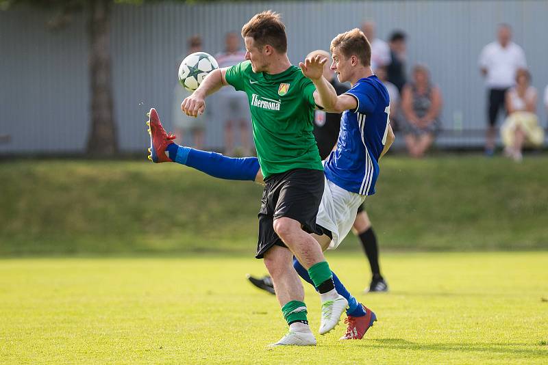 Ve finálovém klání letošního ročníku krajského poháru Vysočiny zdolali fotbalisté Nové Vsi (v modrých dresech) Rapotice (v zeleném) vysoko 6:2.